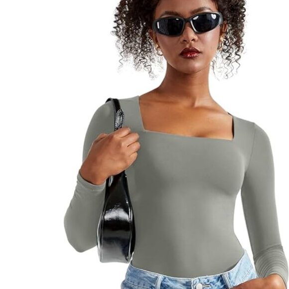 Women Square Neck Long Sleeve Bodysuit Adjustable - Picture 2 of 6